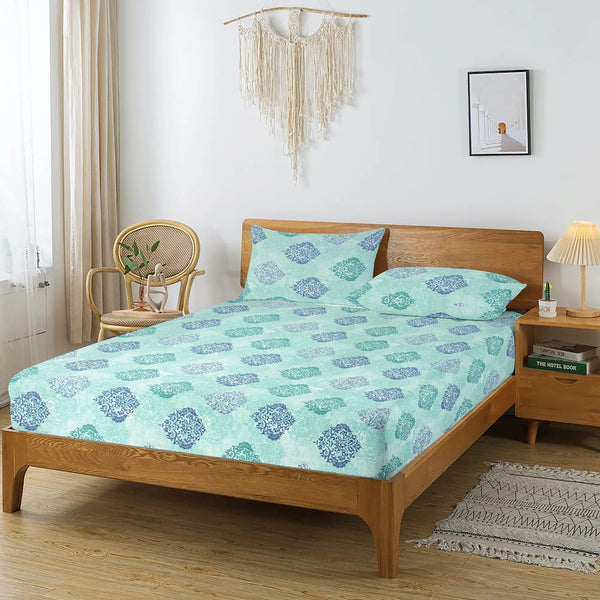 Printed Damask Cotton 250 TC Flat Bedsheet - Aqua
