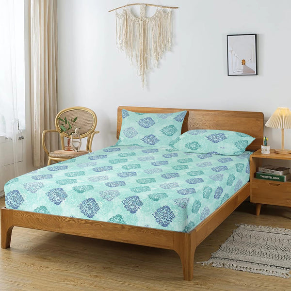 Printed Damask Cotton 250 TC Flat Bedsheet with Pillow Covers - Aqua