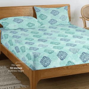 Printed Damask Cotton 250 TC Bedsheet with Pillow Covers - Aqua