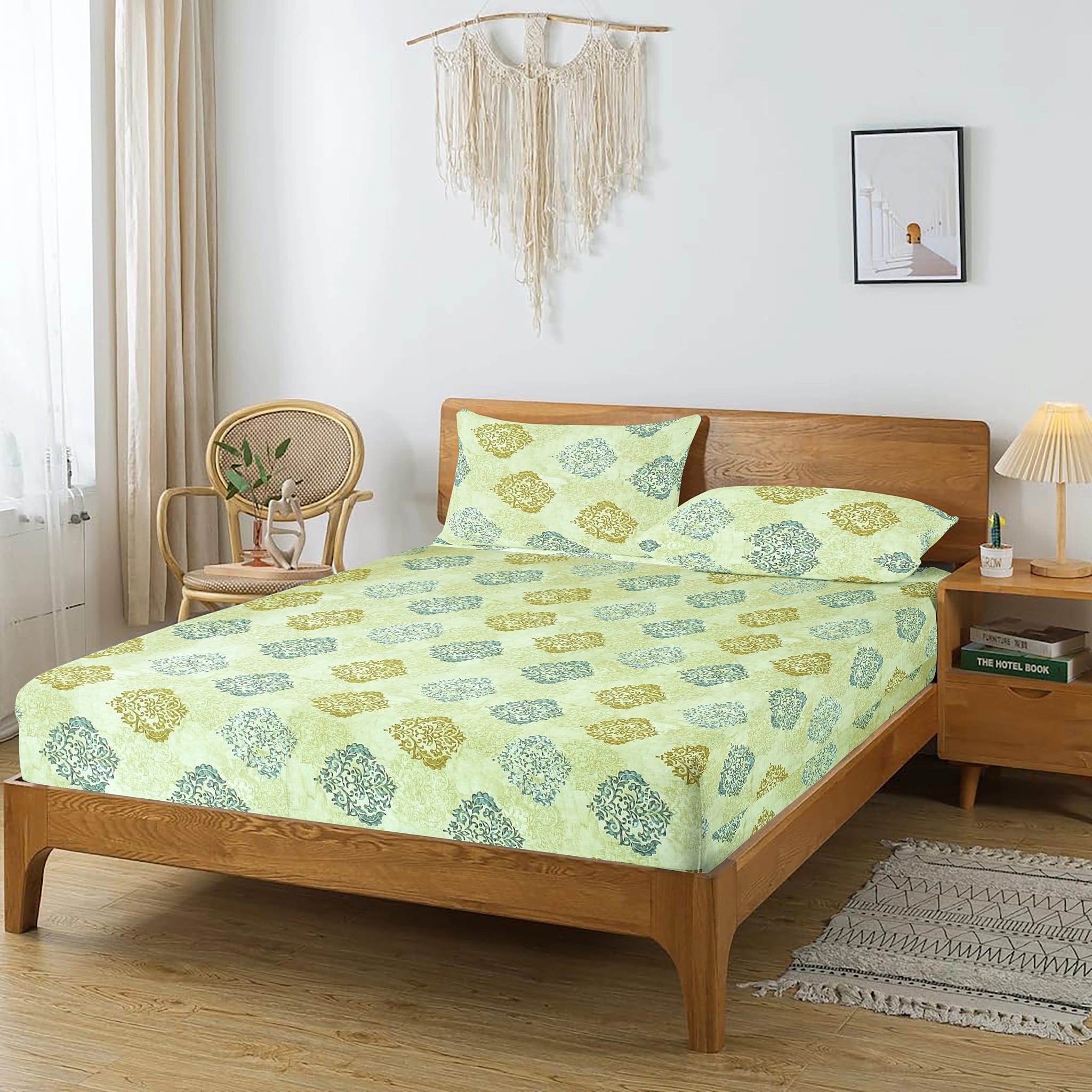 Printed Damask Cotton 250 TC Fitted Bedsheet with Pillow Covers - Green