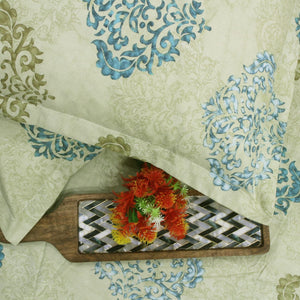Printed Damask Cotton 250 TC Fitted Bedsheet with Pillow Covers - Green