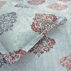 Close up View Printed Damask Cotton 250 TC Bedsheet with Pillow Covers - Blue
