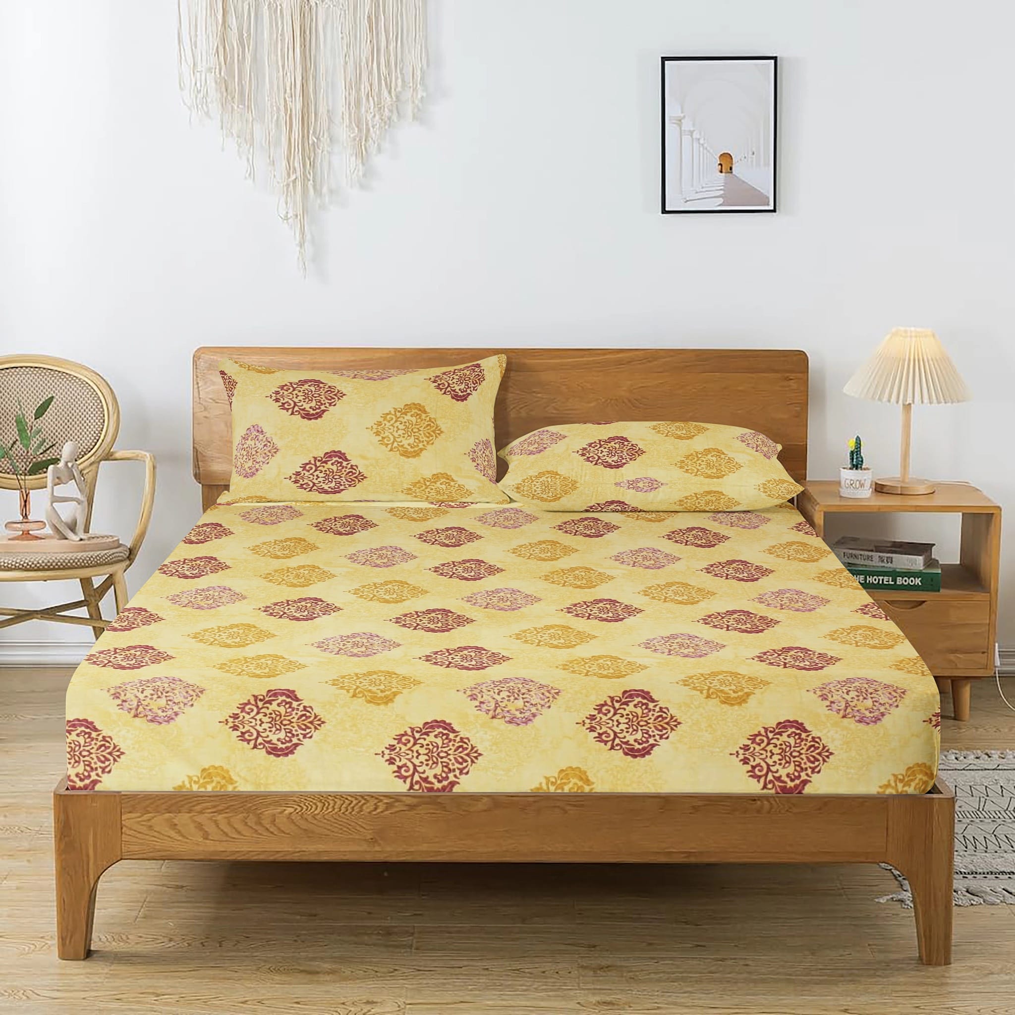 Printed Damask Cotton 250 TC Fitted Bedsheet with Pillow Covers - Mustard