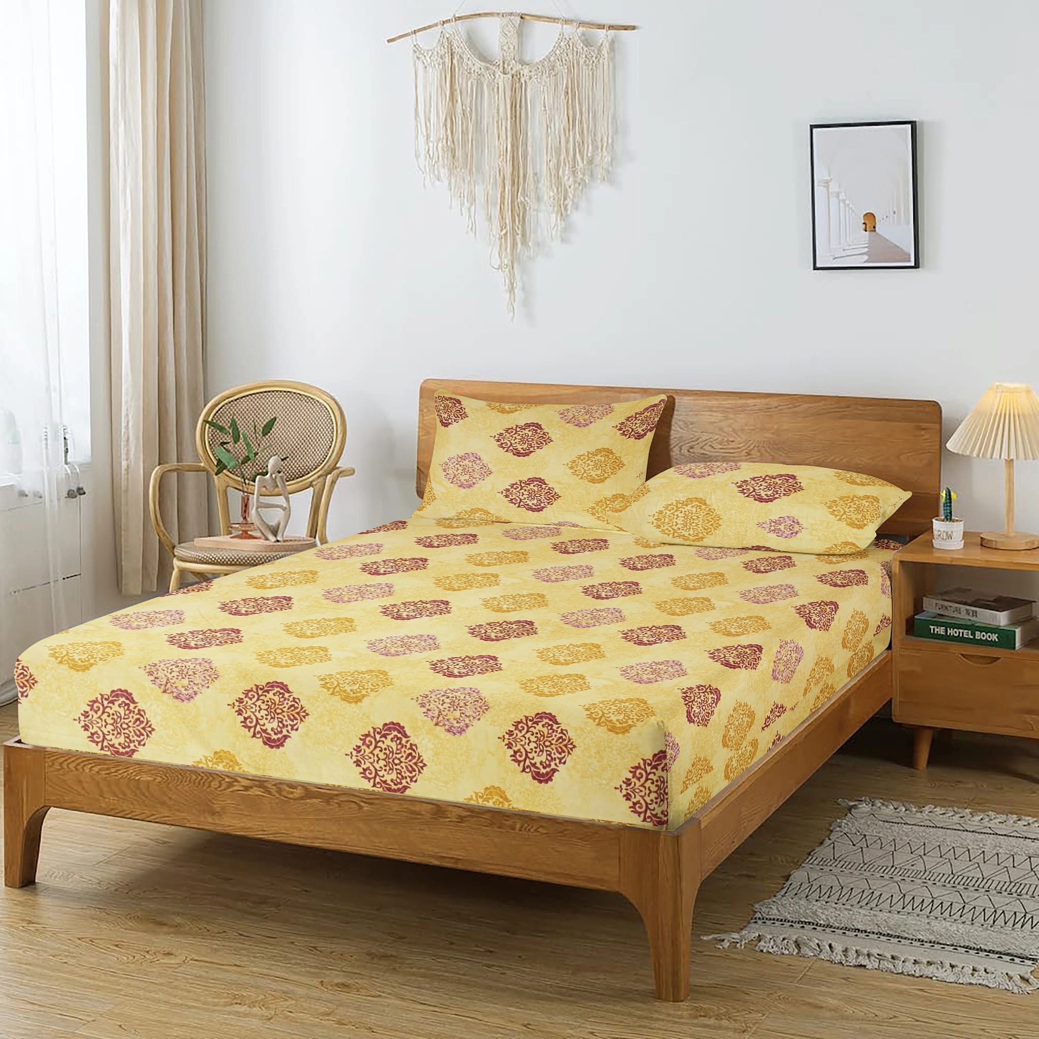 Printed Damask Cotton 250 TC Fitted Bedsheet with Pillow Covers - Mustard
