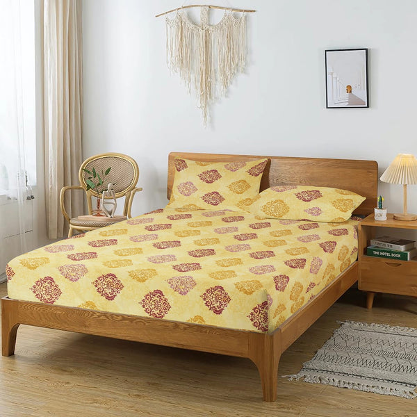 Printed Damask Cotton 250 TC Flat Bedsheet with Pillow Covers - Mustard