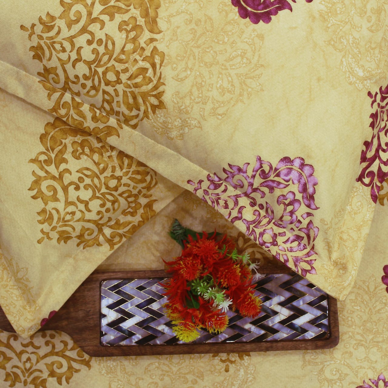 Close up Printed Damask Cotton 250 TC Fitted Bedsheet with Pillow Covers - Mustard