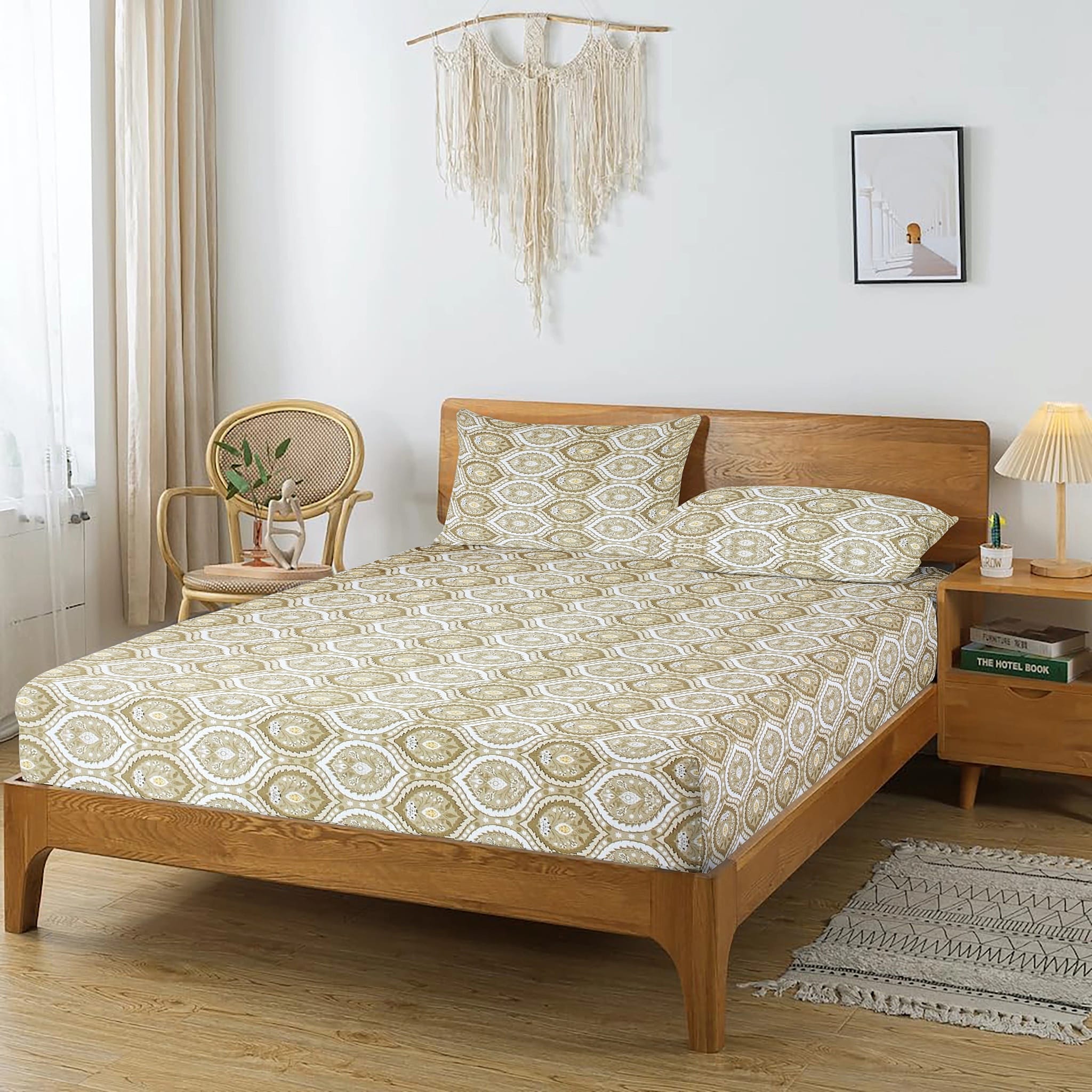 Printed Damask Cotton 250 TC Fitted Bedsheet with Pillow Covers - Brown
