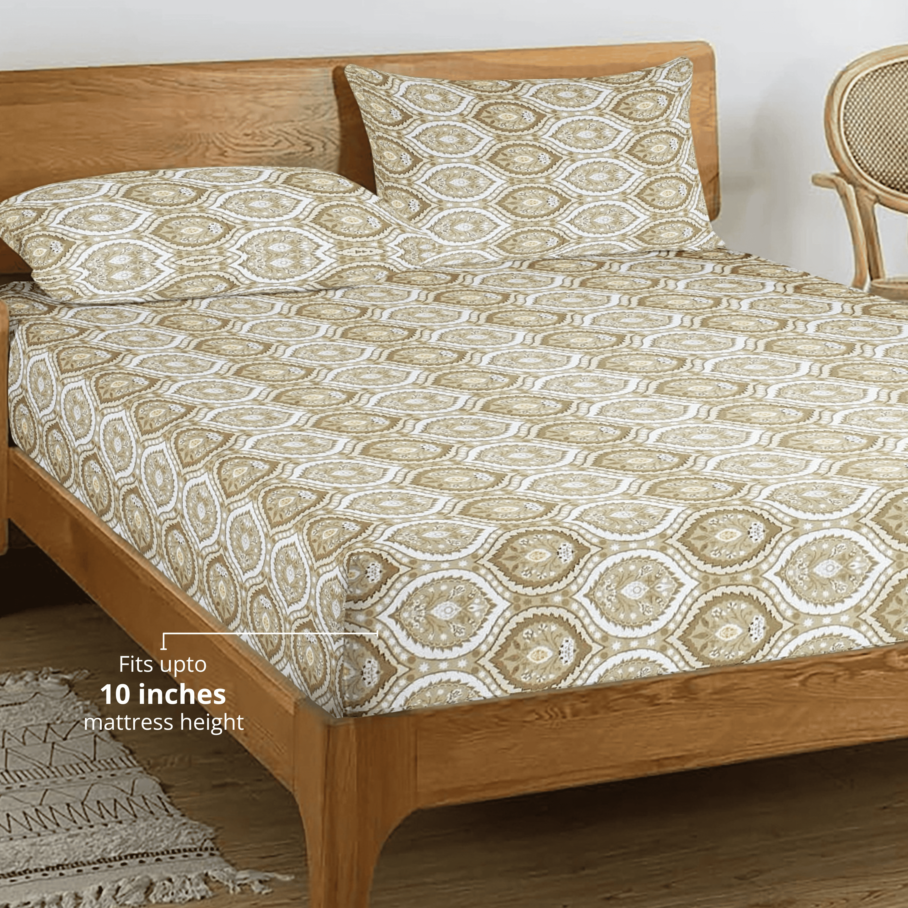 Printed Damask Cotton 250 TC Fitted Bedsheet with Pillow Covers - Brown