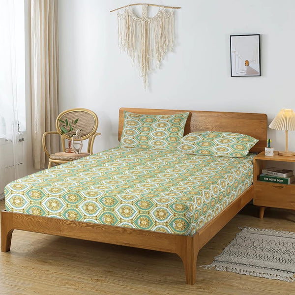 Printed Damask Cotton 250 TC Flat Bedsheet with Pillow Covers - Green