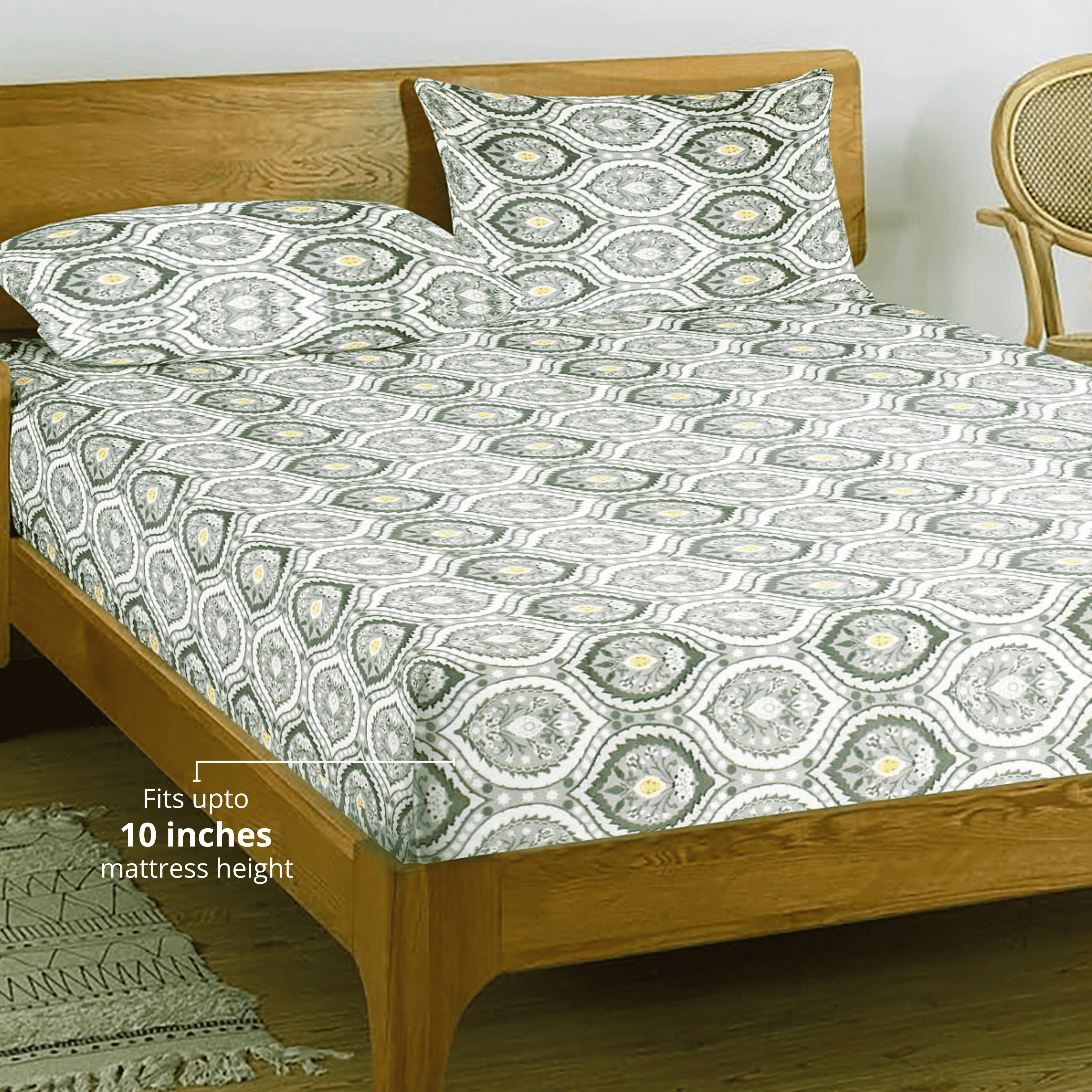 Printed Damask Cotton 250 TC Fitted Bedsheet with Pillow Covers - Grey
