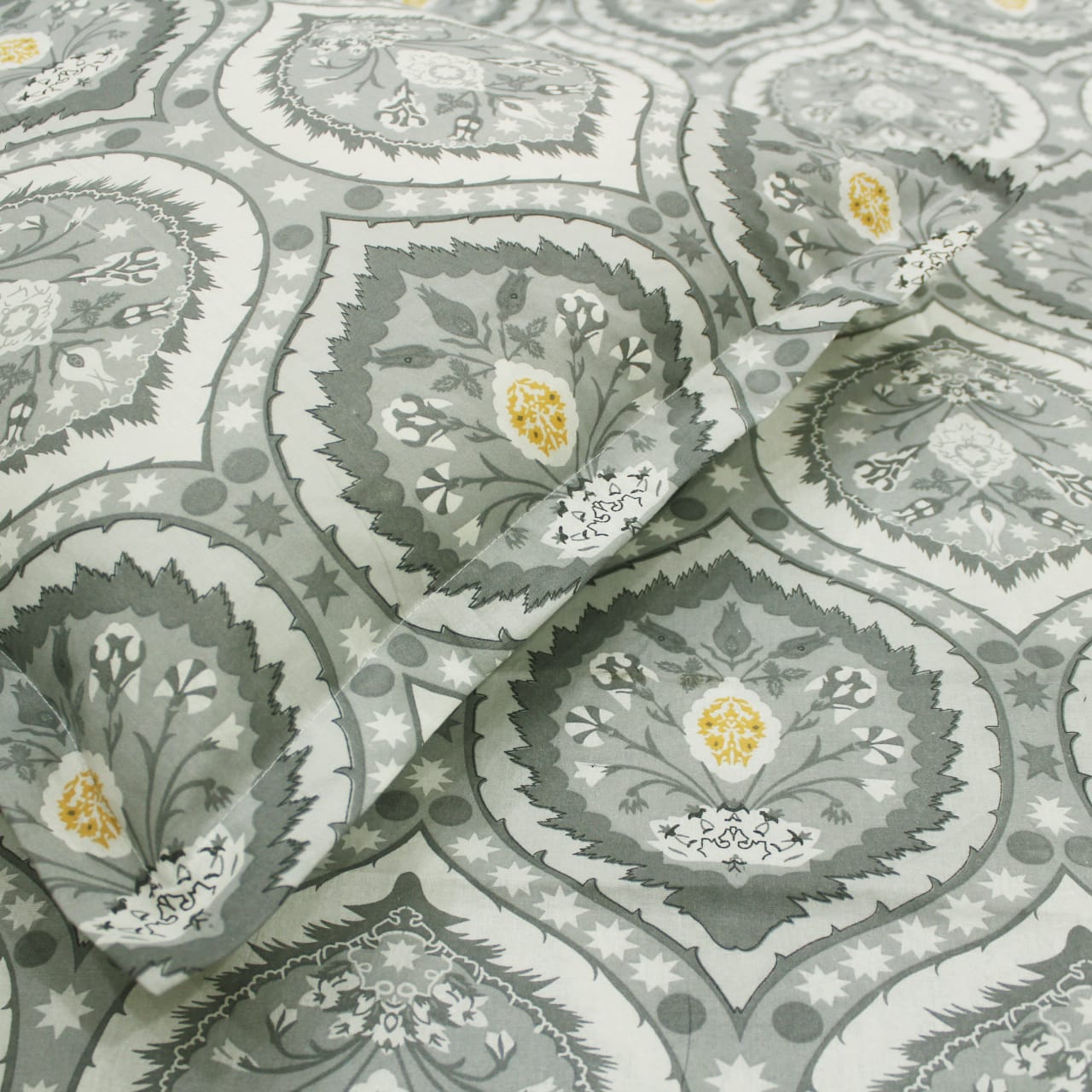 Close up Printed Damask Cotton 250 TC Fitted Bedsheet with Pillow Covers - Grey
