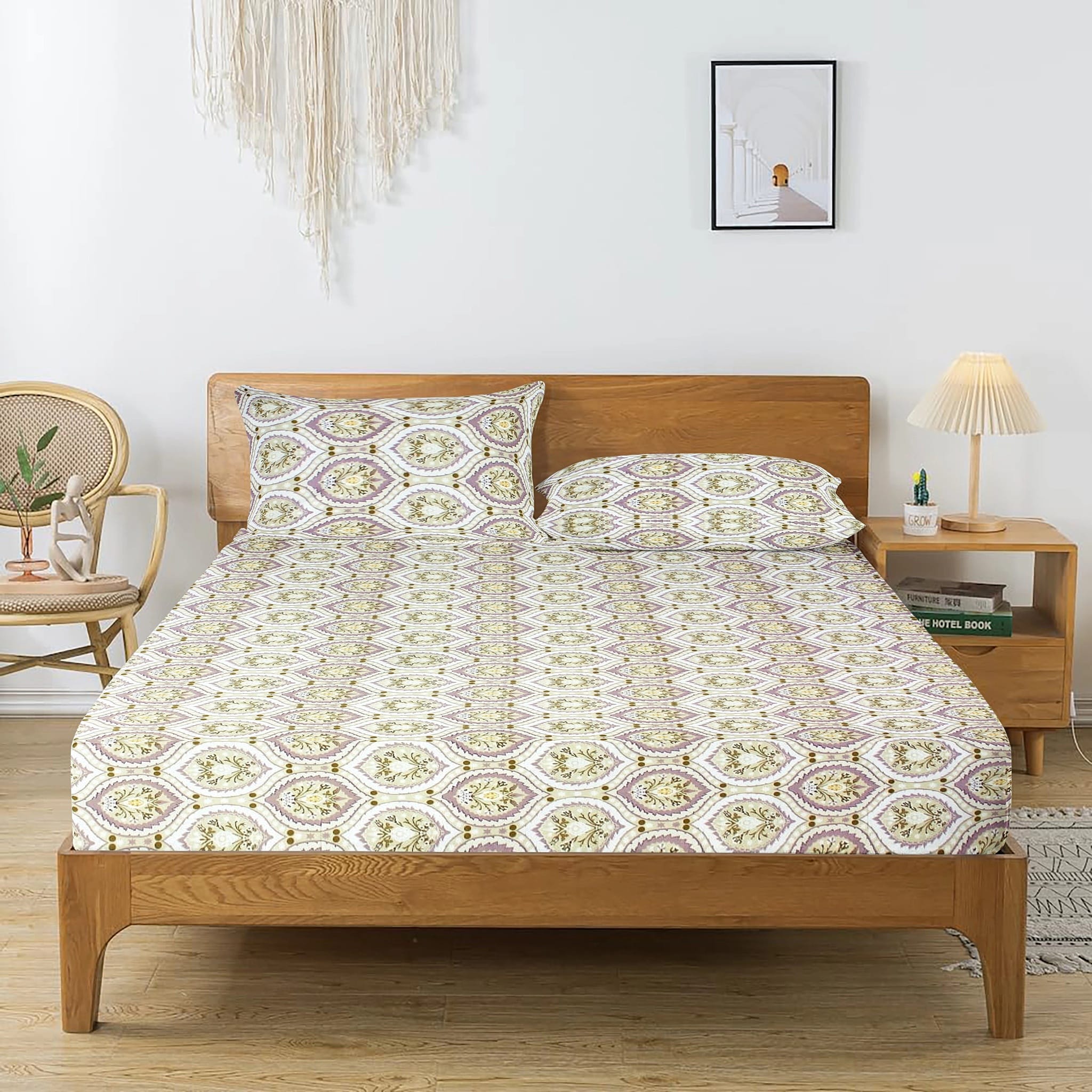 Printed Damask Cotton 250 TC Fitted Bedsheet with Pillow Covers - Purple