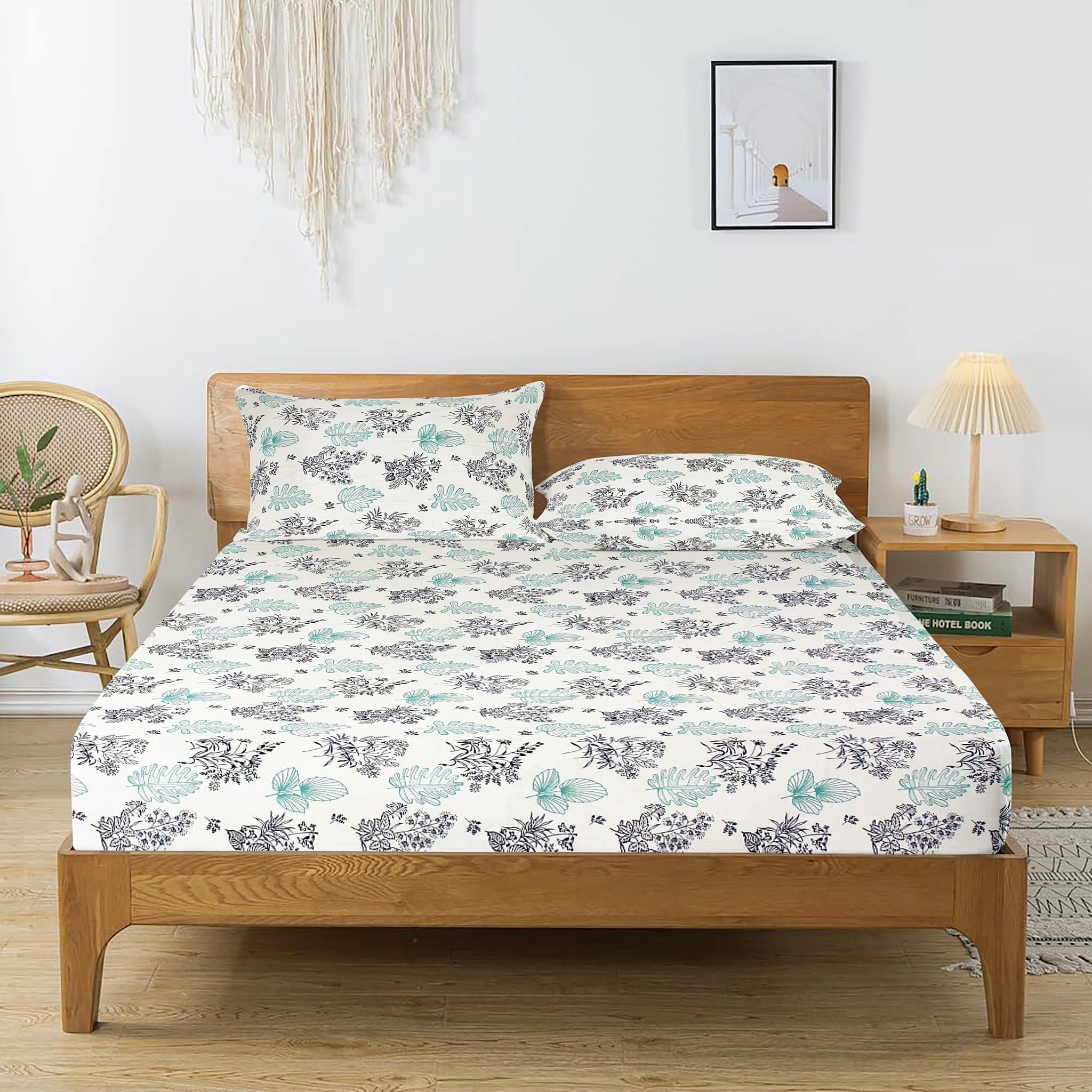 Printed Floral Cotton 250 TC Fitted Bedsheet with Pillow Covers - Aqua