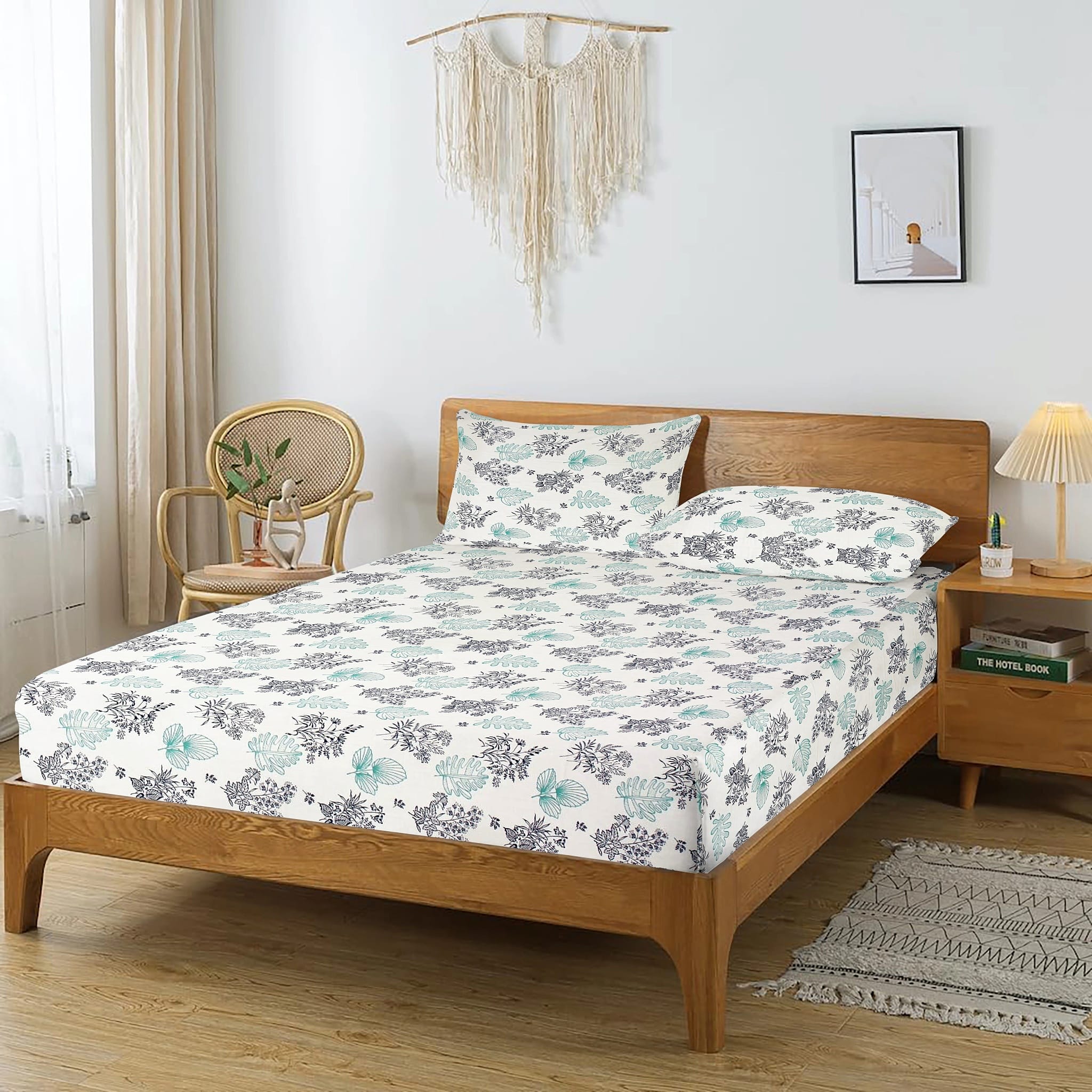Printed Floral Cotton 250 TC Fitted Bedsheet with Pillow Covers - Aqua