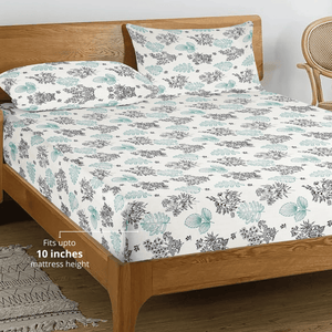 Printed Floral Cotton 250 TC Fitted Bedsheet with Pillow Covers - Aqua