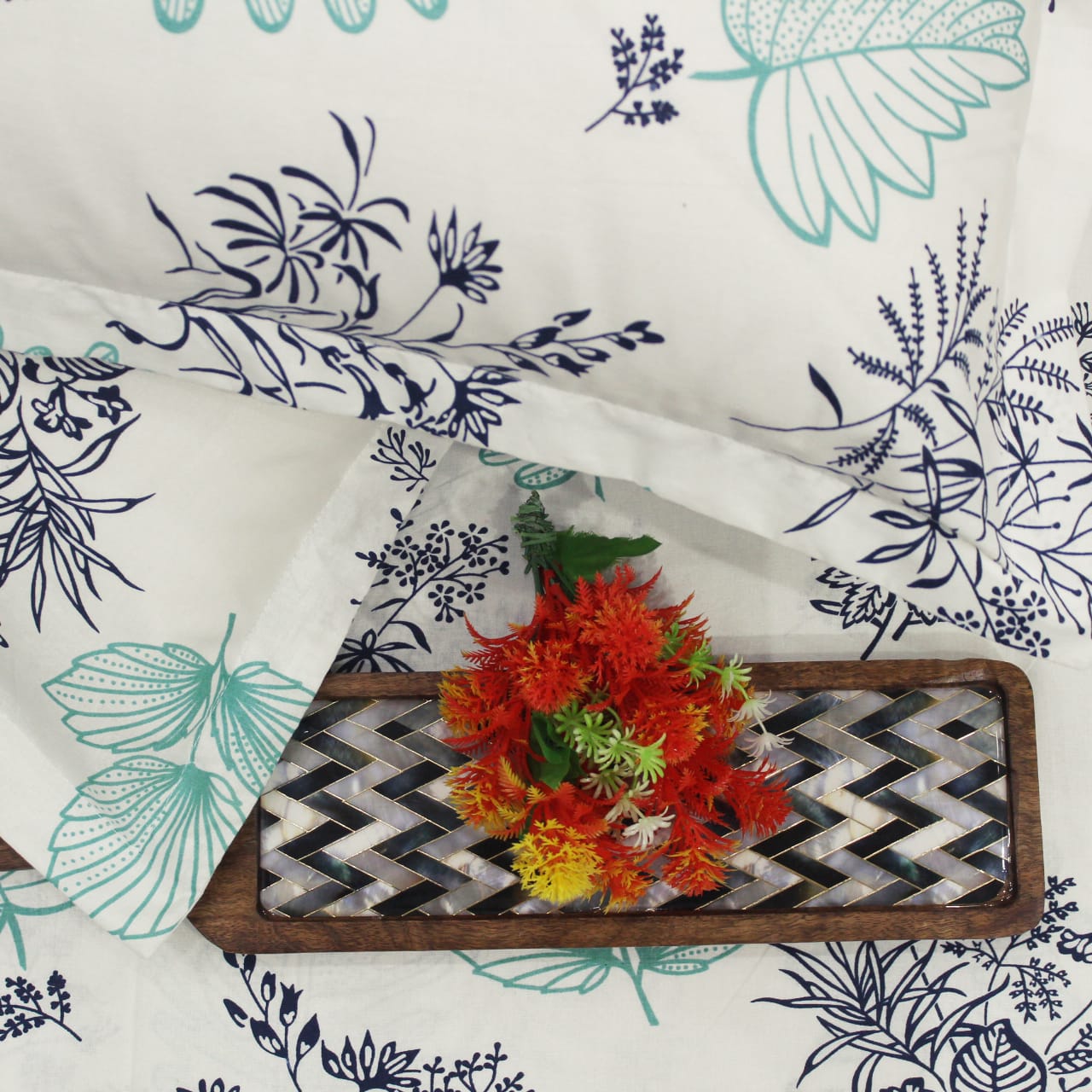 Printed Floral Cotton 250 TC Bedsheet with Pillow Covers - Aqua