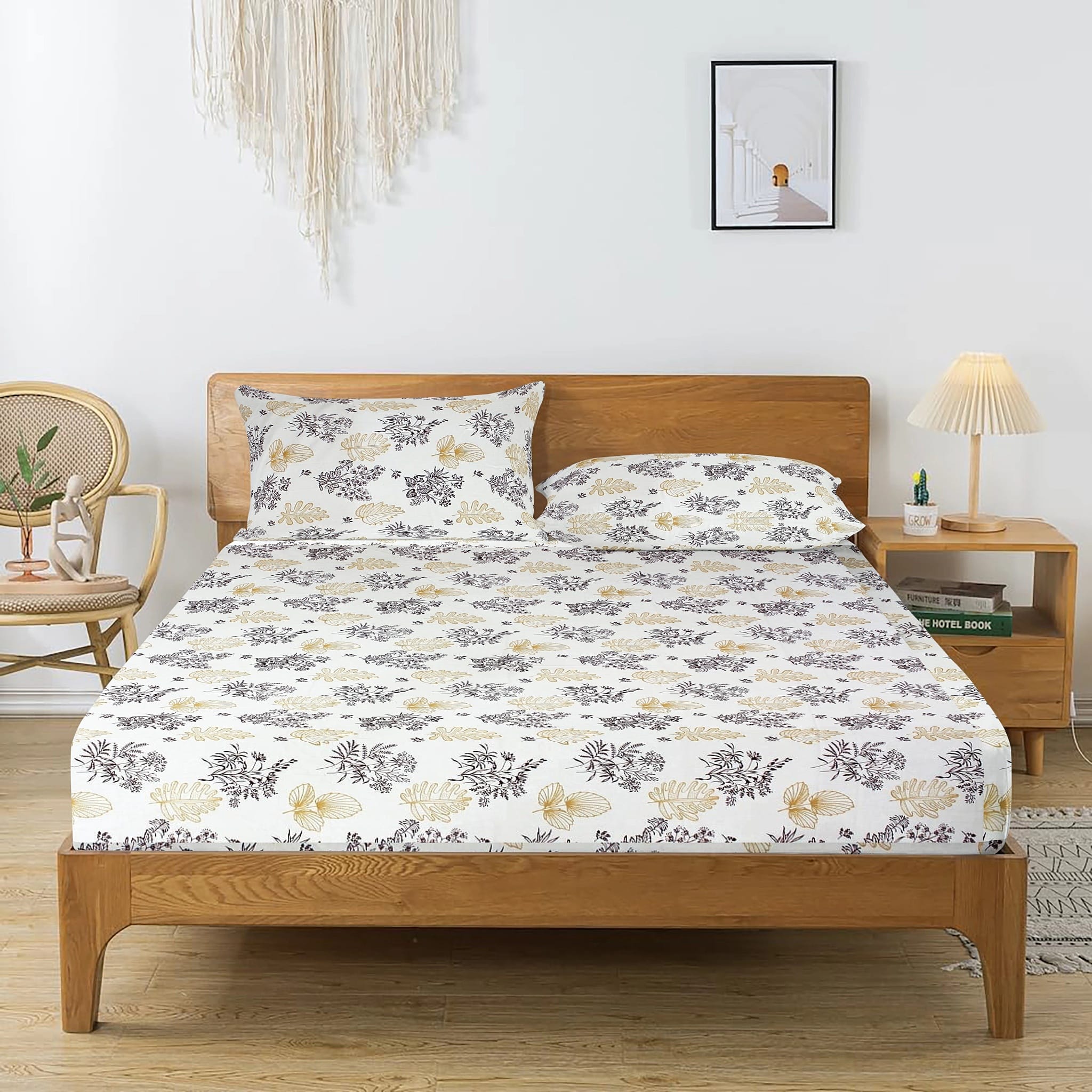 Printed Floral Cotton 250 TC Bedsheet with Pillow Covers - Brown