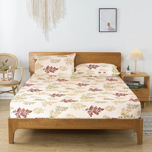 Printed Floral Cotton 250 TC Fitted Bedsheet with Pillow Covers - Burgundy