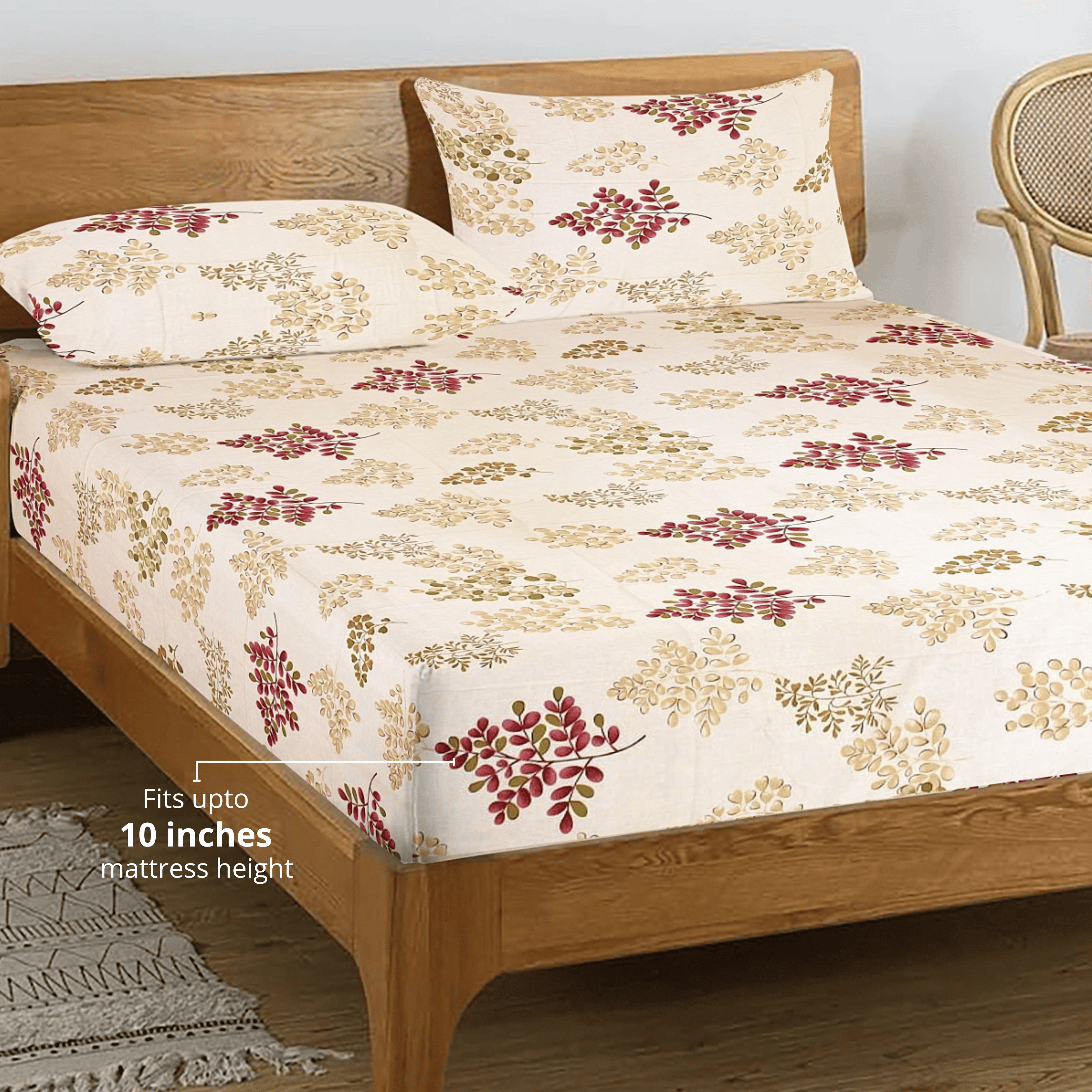 Printed Floral Cotton 250 TC Fitted Bedsheet with Pillow Covers - Burgundy