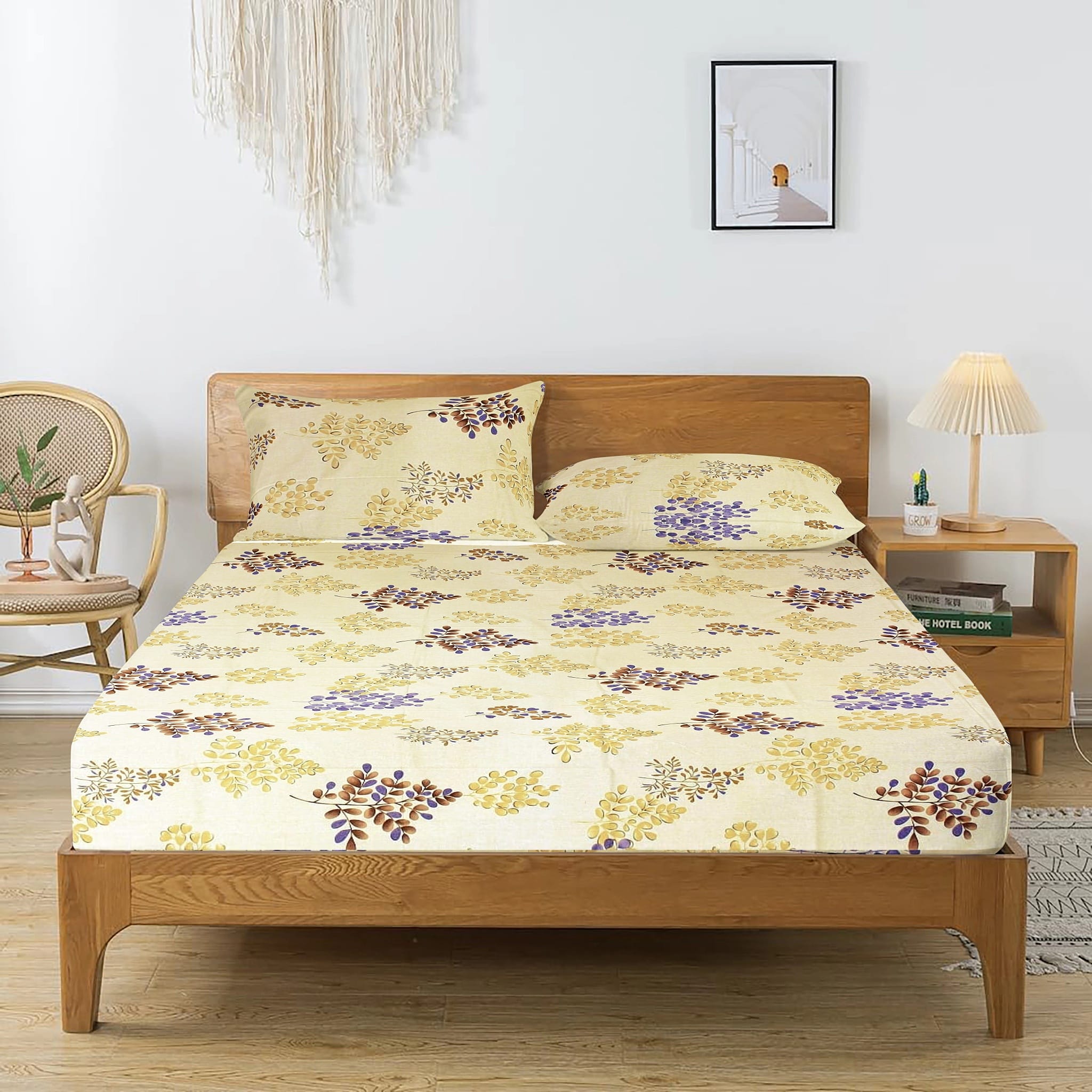 Printed Floral Cotton 250 TC Bedsheet with Pillow Covers - Brown