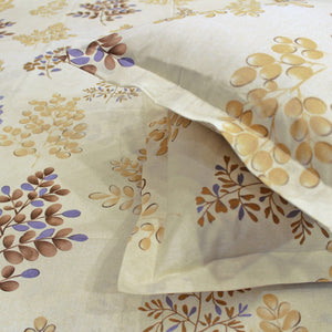 Close-up view Printed Floral Cotton 250 TC Fitted Bedsheet with Pillow Covers - Brown
