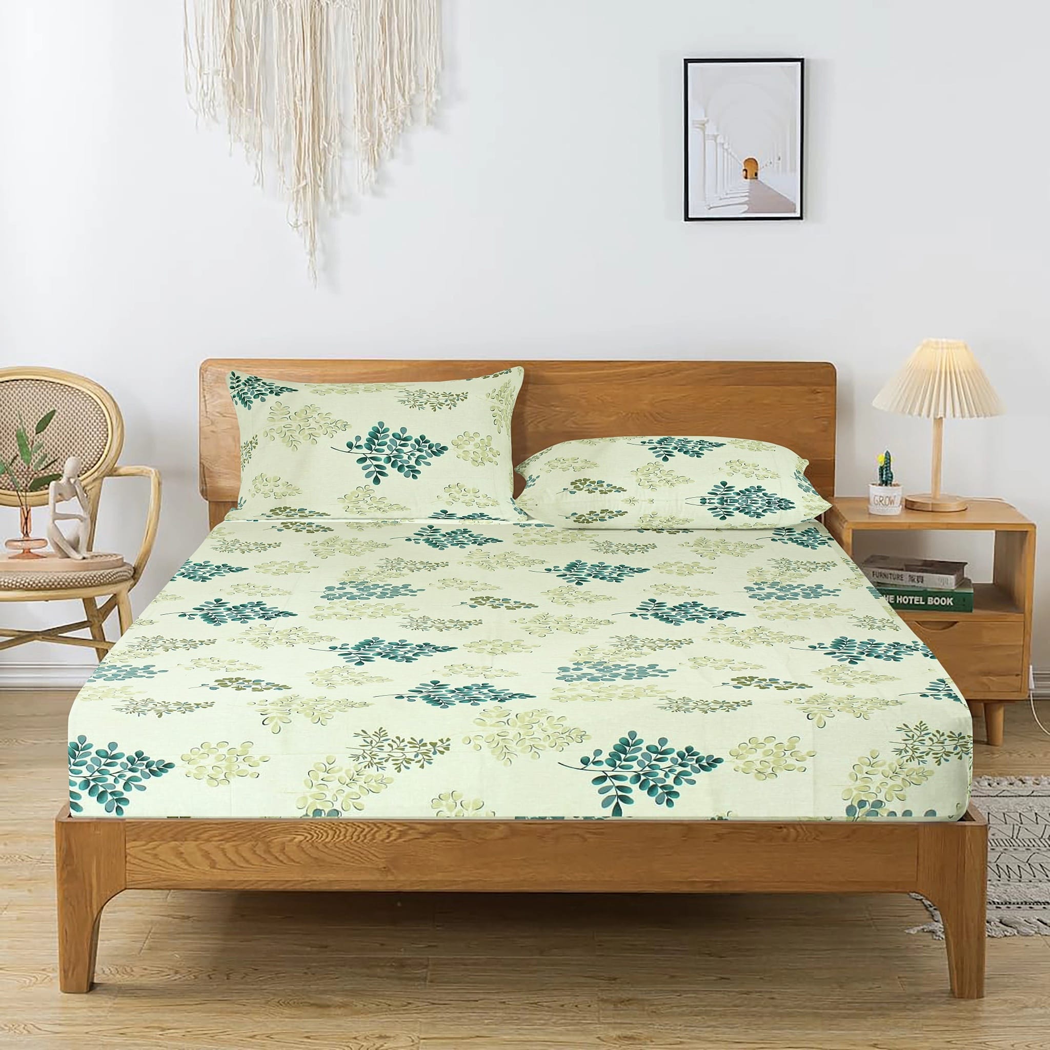 Printed Floral Cotton 250 TC Fitted Bedsheet with Pillow Covers - Green