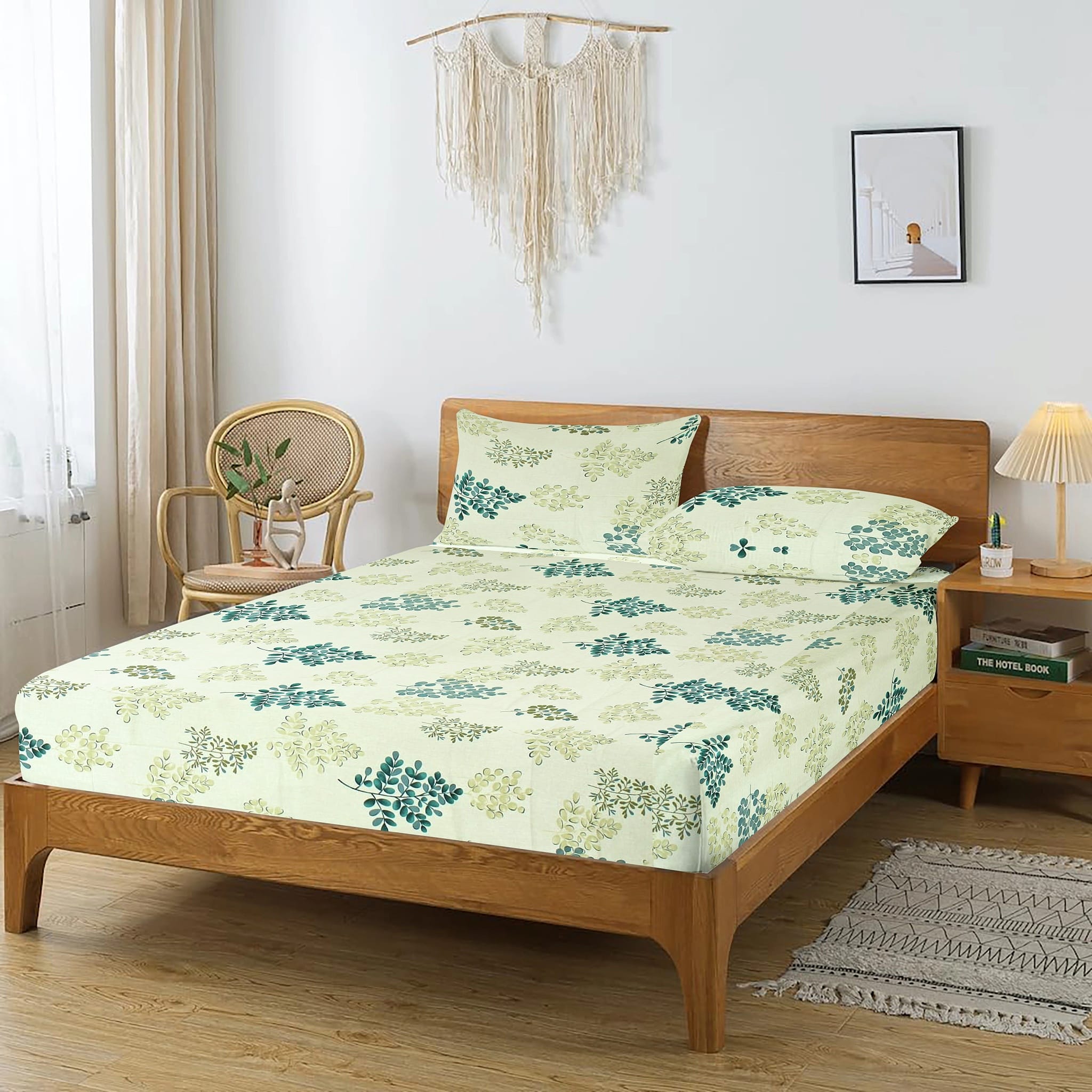 Printed Floral Cotton 250 TC Fitted Bedsheet with Pillow Covers - Green