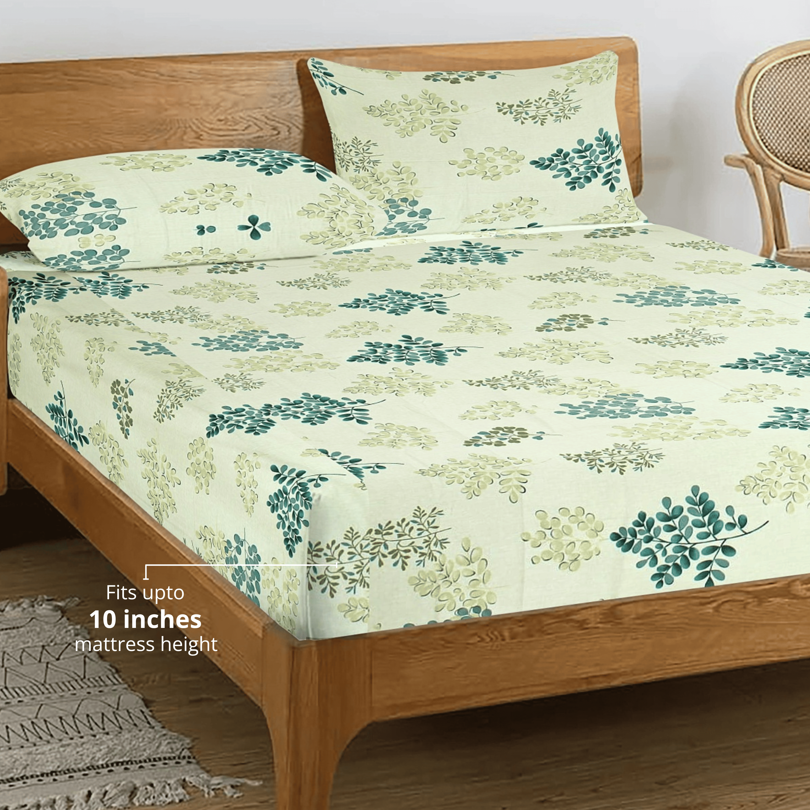 Printed Floral Cotton 250 TC Fitted Bedsheet with Pillow Covers - Green