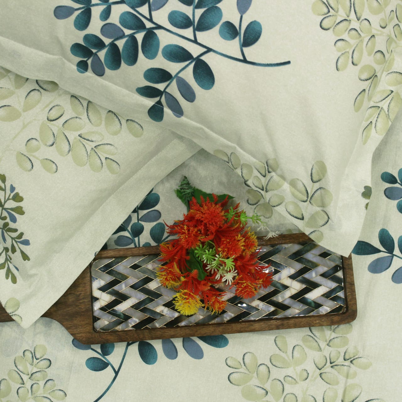 Printed Floral Cotton 250 TC Fitted Bedsheet with Pillow Covers - Green
