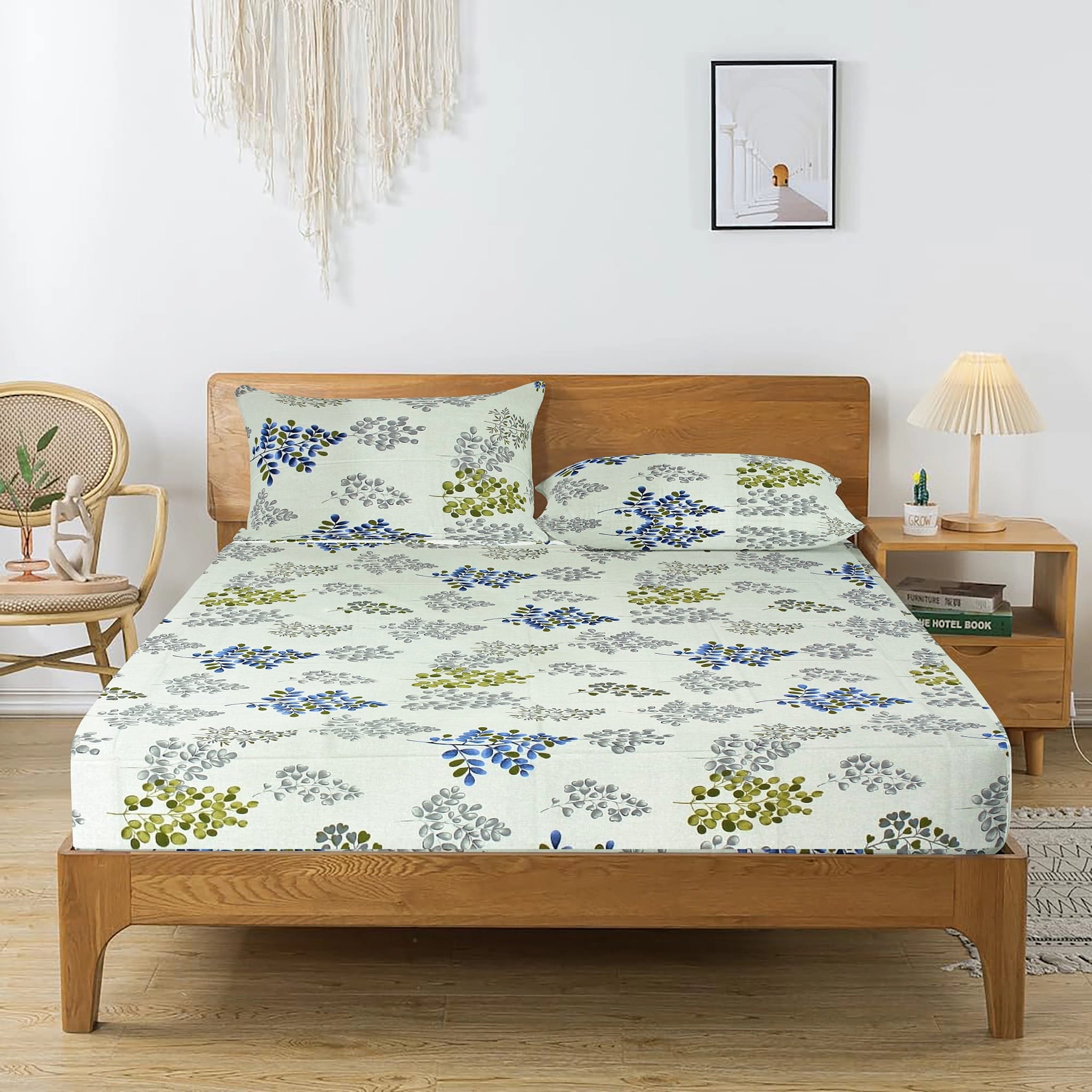 Printed Floral Cotton 250 TC Fitted Bedsheet with Pillow Covers - Grey