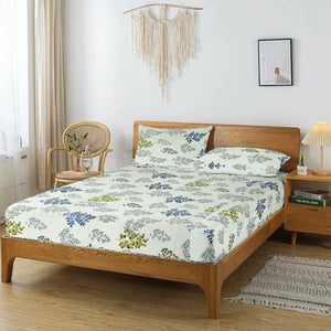 Printed Floral Cotton 250 TC Fitted Bedsheet with Pillow Covers - Grey
