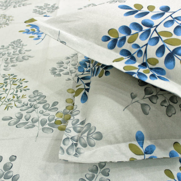 Close-up of Printed Floral Cotton 250 TC Fitted Bedsheet with Pillow Covers - Grey
