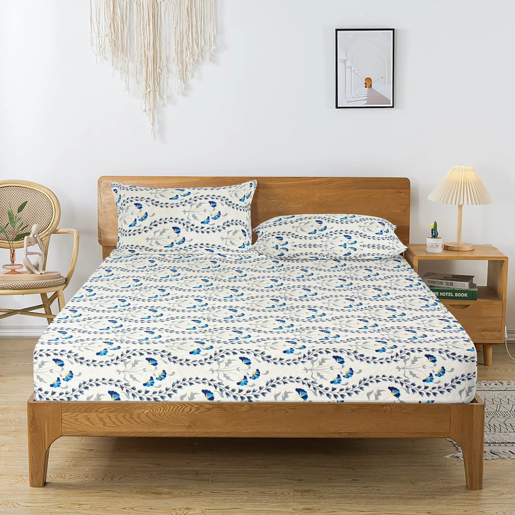 Printed Floral Cotton 250 TC Fitted Bedsheet with Pillow Covers - Blue