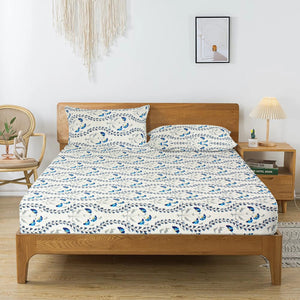 Printed Floral Cotton 250 TC Fitted Bedsheet with Pillow Covers - Blue