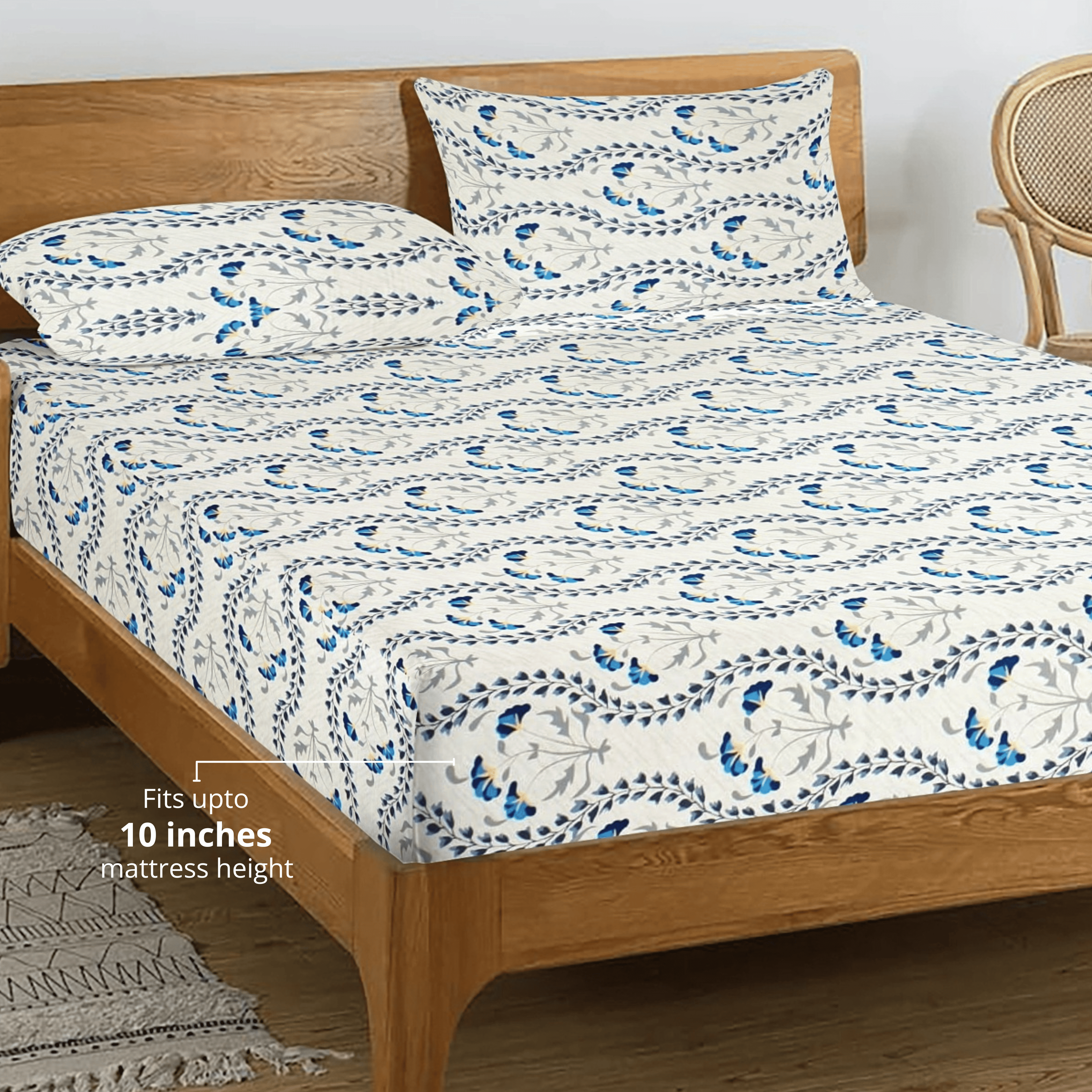 Printed Floral Cotton 250 TC Fitted Bedsheet with Pillow Covers - Blue