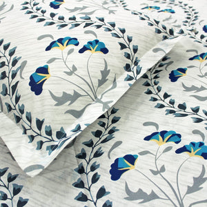 Printed Floral Cotton 250 TC Fitted Bedsheet with Pillow Covers - Blue