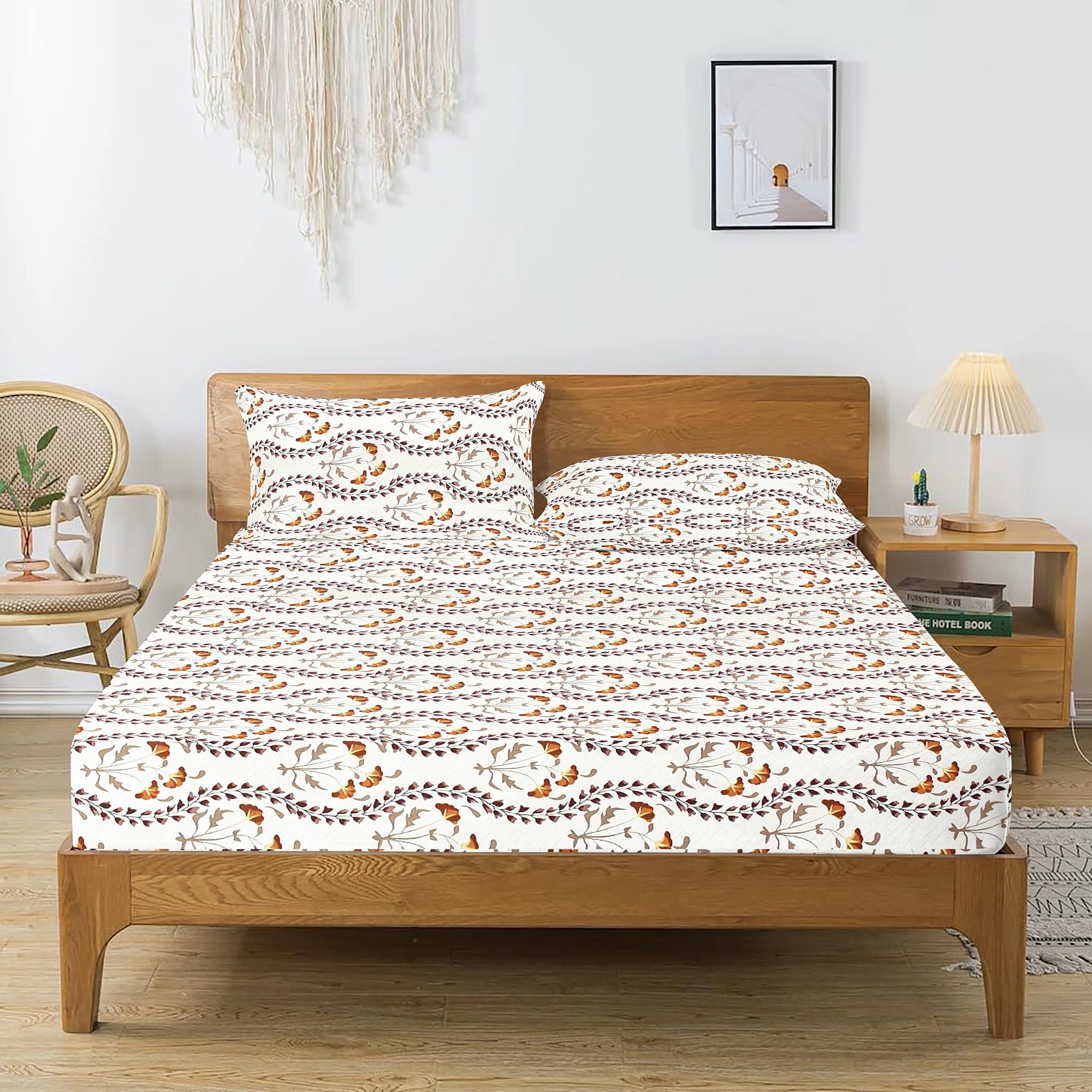 Printed Floral Cotton 250 TC Fitted Bedsheet with Pillow Covers - Brown
