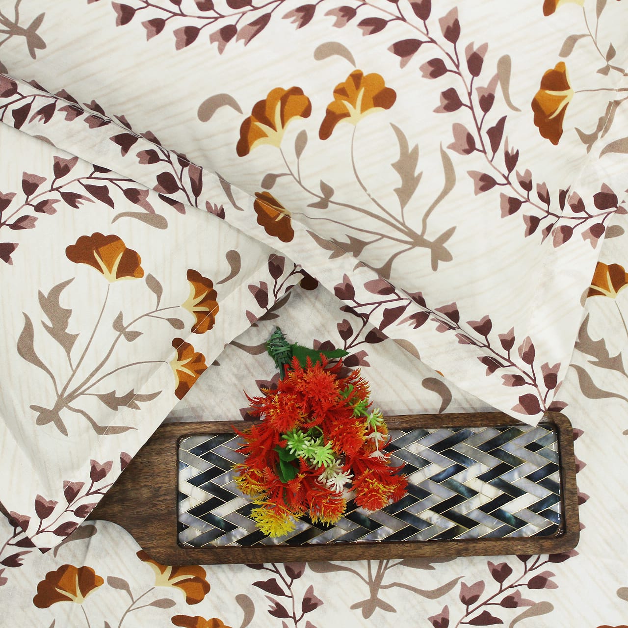 Printed Floral Cotton 250 TC Fitted Bedsheet with Pillow Covers - Brown