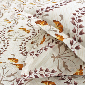 Close-up of Printed Floral Cotton 250 TC Bedsheet with Pillow Covers - Brown