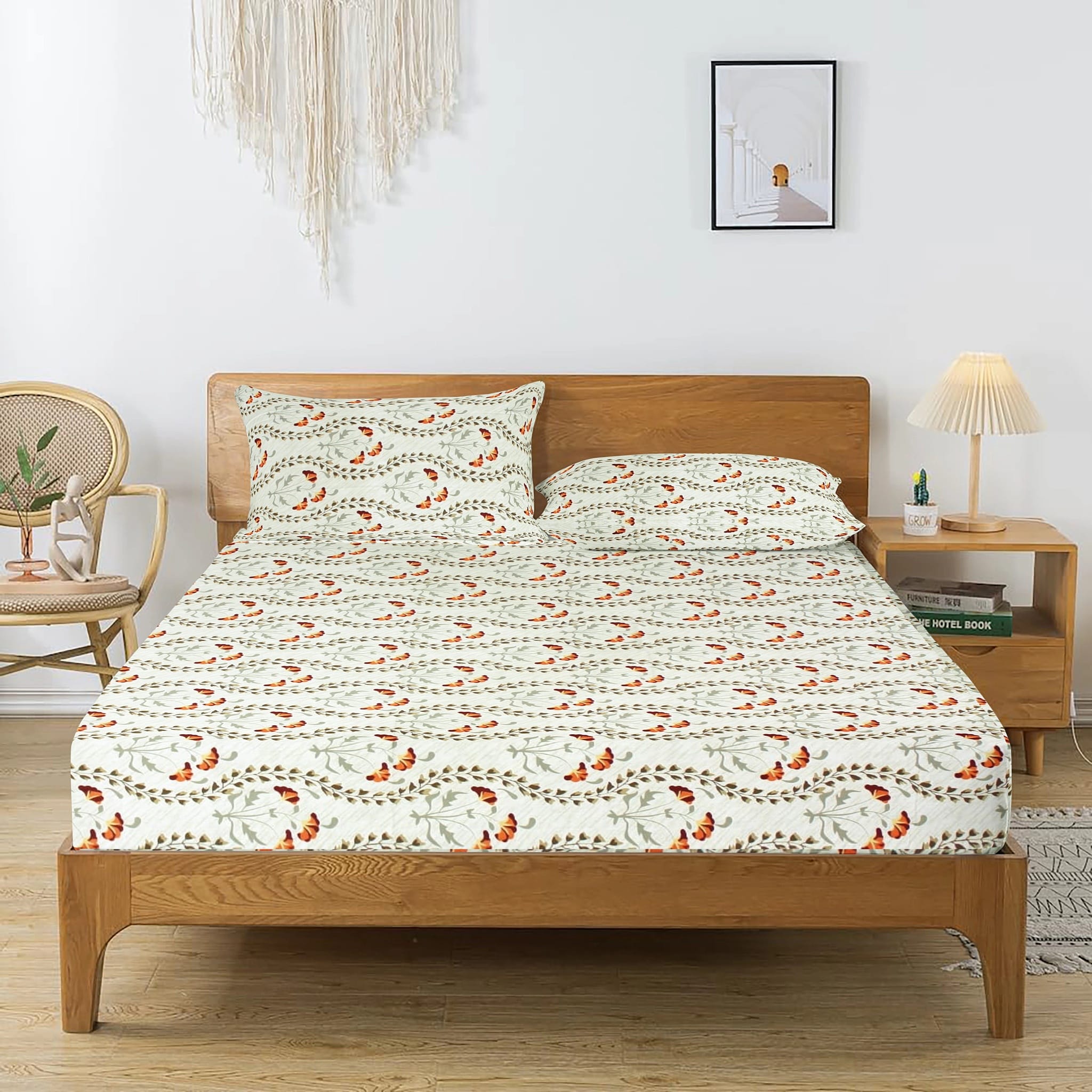 Printed Floral Cotton 250 TC Fitted Bedsheet with Pillow Covers - Orange
