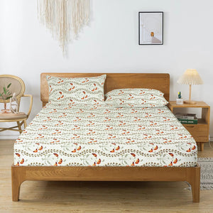 Printed Floral Cotton 250 TC Fitted Bedsheet with Pillow Covers - Orange