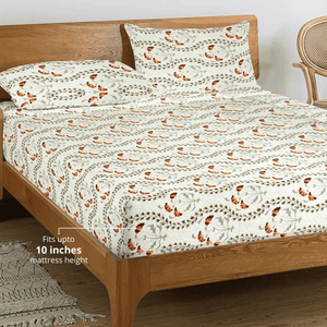 Printed Floral Cotton 250 TC Fitted Bedsheet with Pillow Covers - Orange