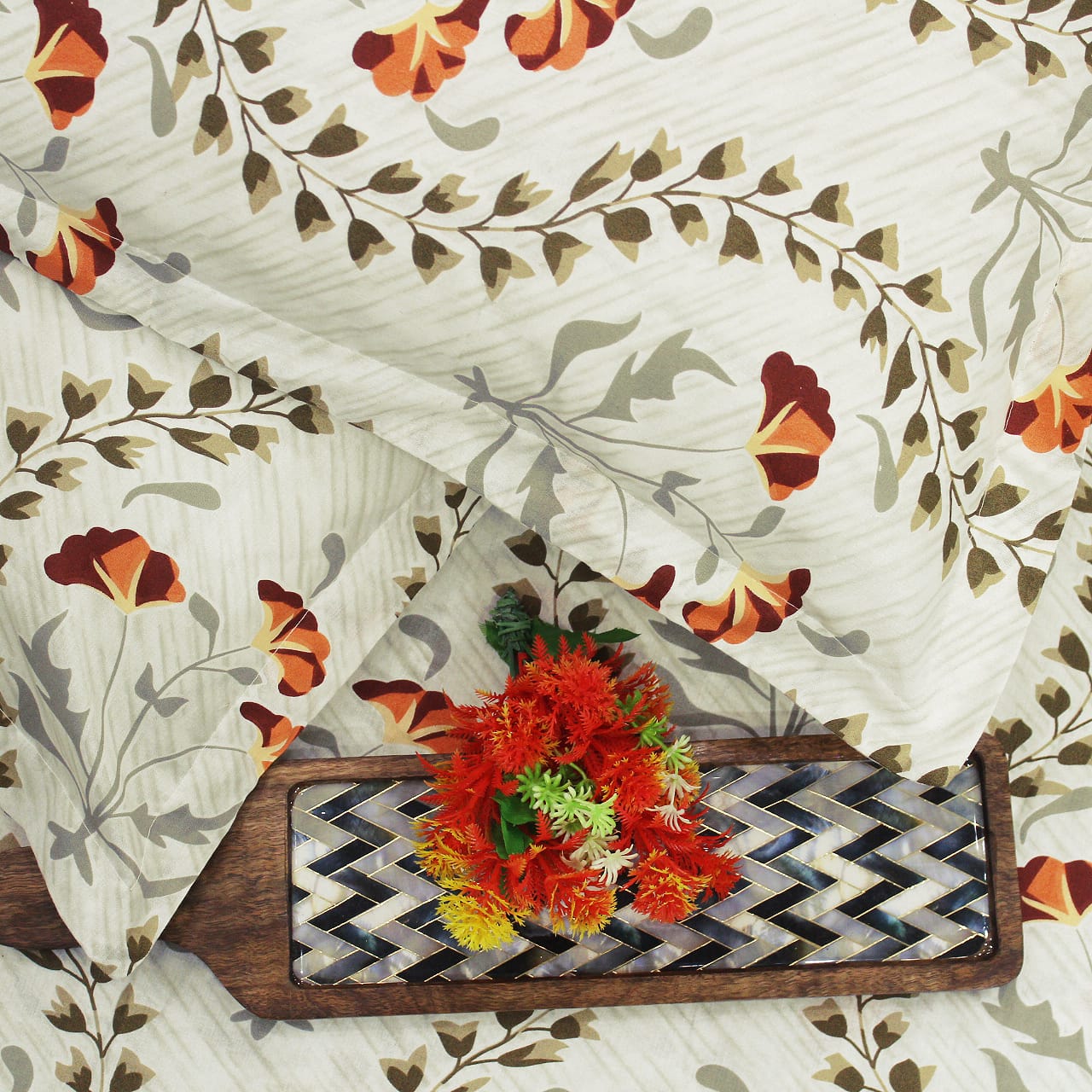 Printed Floral Cotton 250 TC Fitted Bedsheet with Pillow Covers - Orange