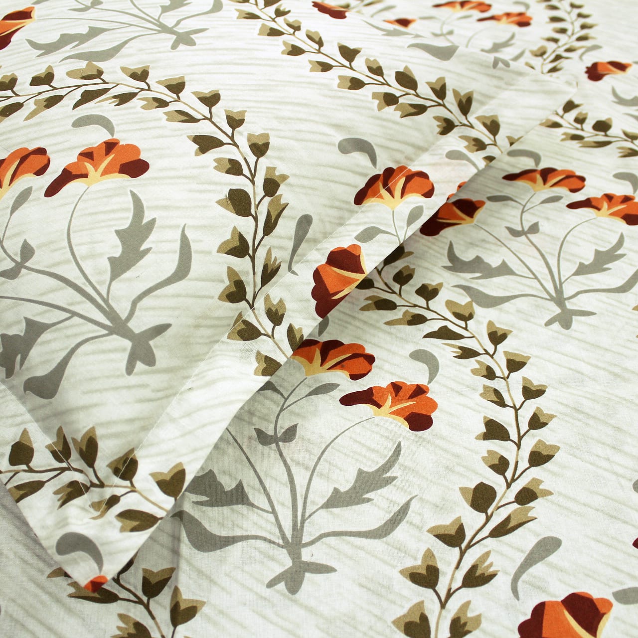 Cose up view Printed Floral Cotton 250 TC Fitted Bedsheet with Pillow Covers - Orange