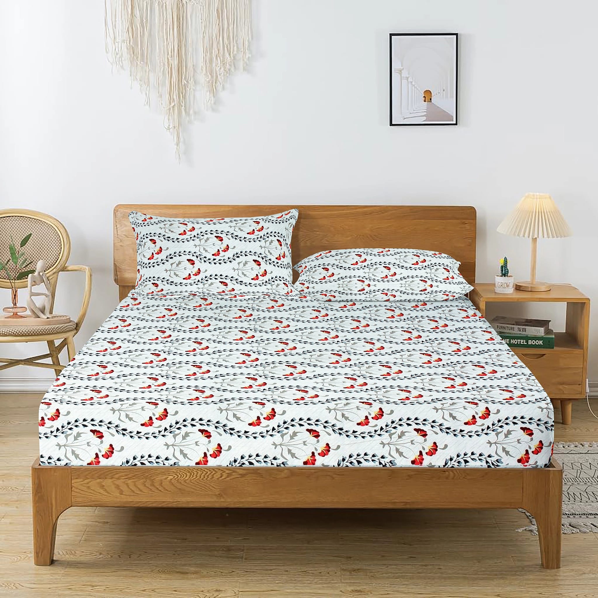 Printed Floral Cotton 250 TC Fitted Bedsheet with Pillow Covers - Red