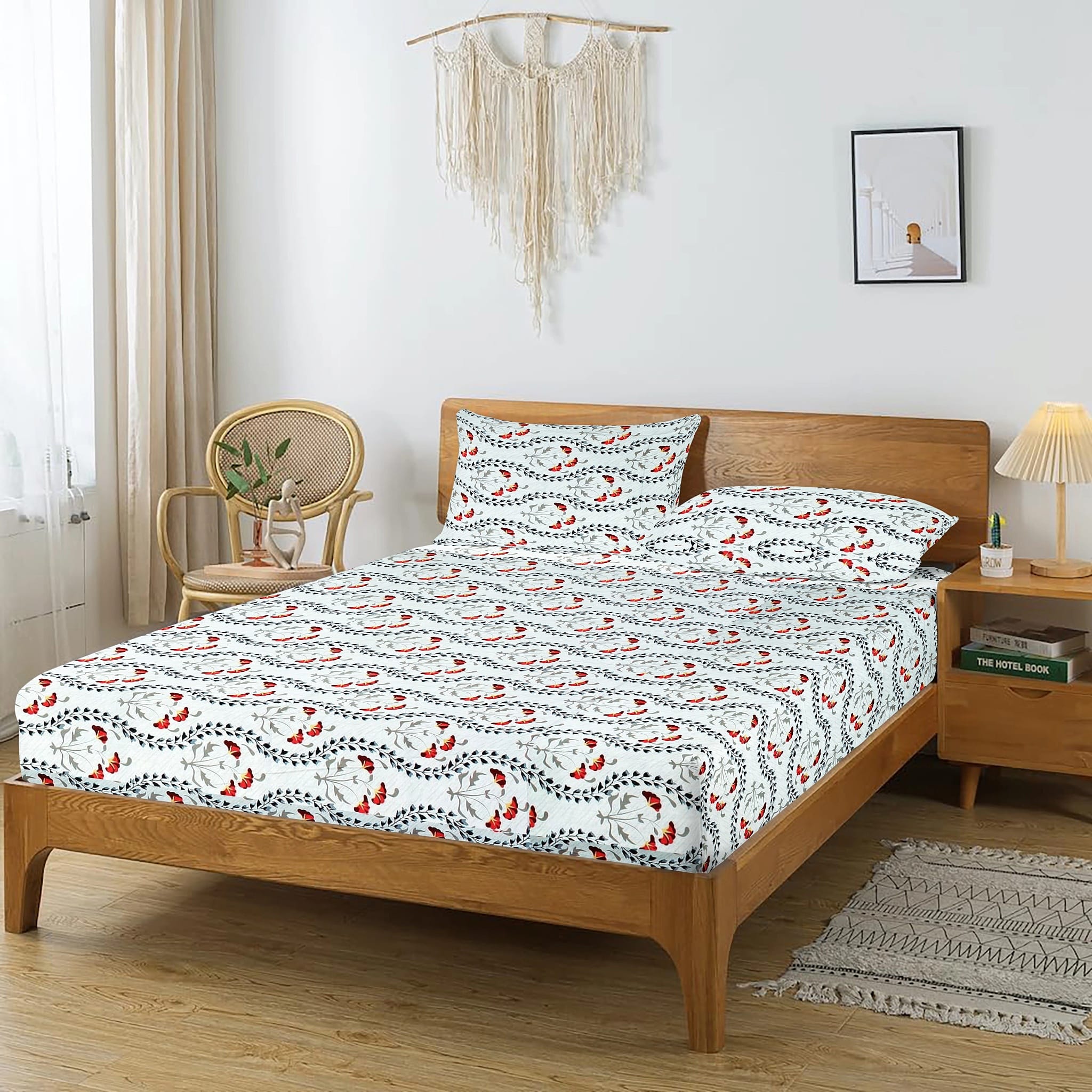 Printed Floral Cotton 250 TC Fitted Bedsheet with Pillow Covers - Red