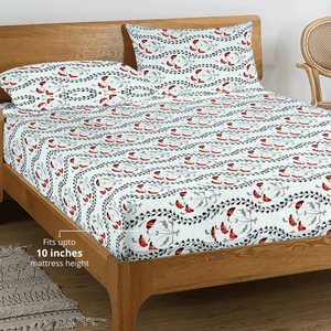 Printed Floral Cotton 250 TC Fitted Bedsheet with Pillow Covers - Red