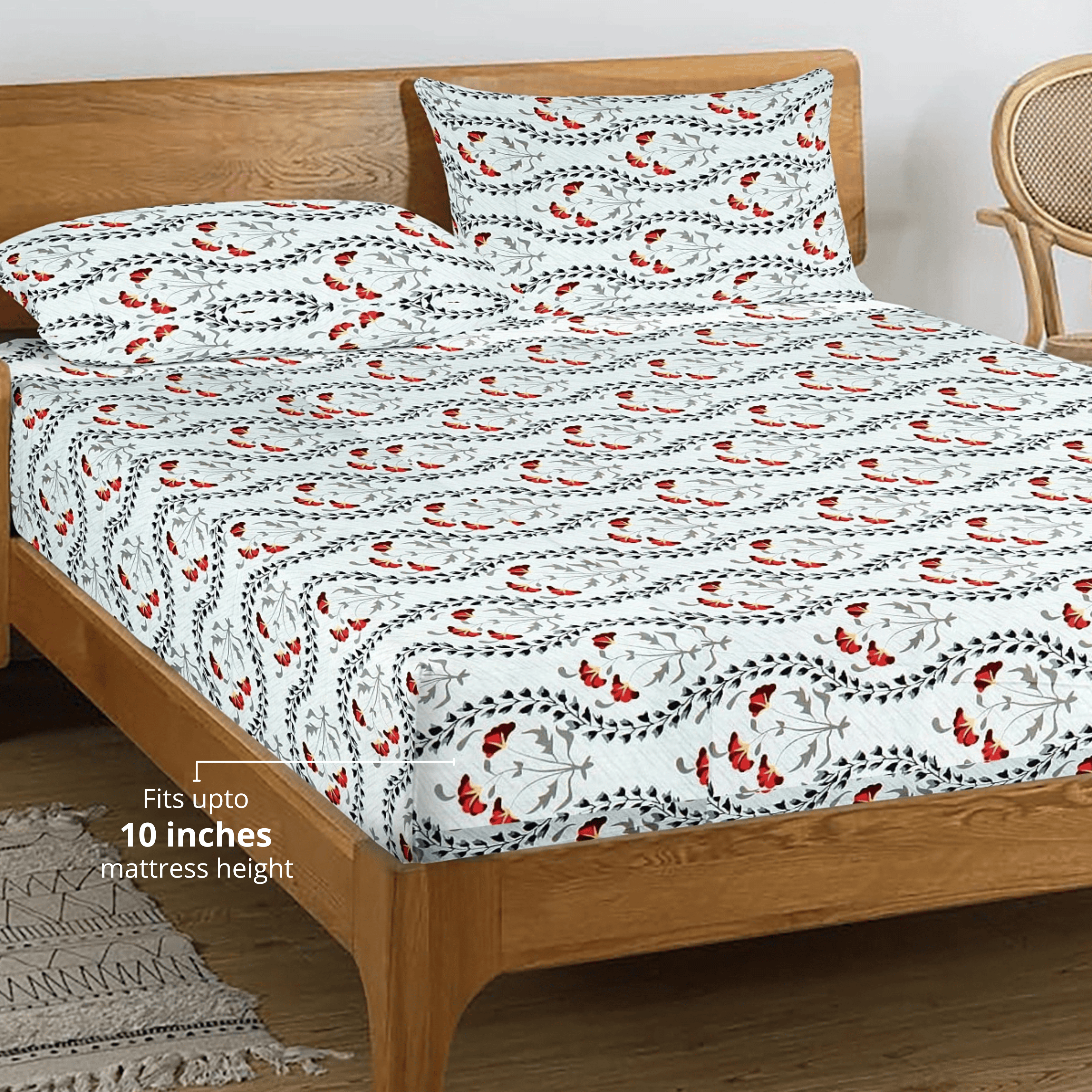 Printed Floral Cotton 250 TC Fitted Bedsheet with Pillow Covers - Red