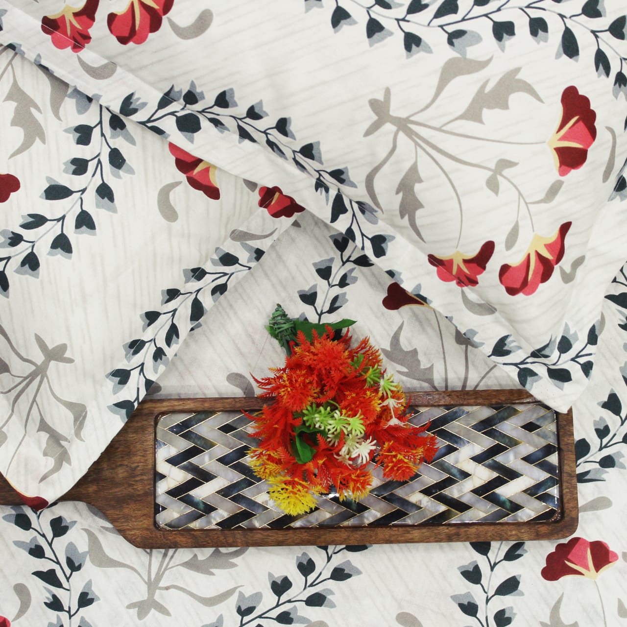 Printed Floral Cotton 250 TC Fitted Bedsheet with Pillow Covers - Red