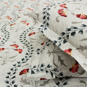 Close-up view Printed Floral Cotton 250 TC Fitted Bedsheet with Pillow Covers - Red